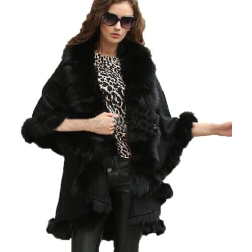 Womens Genuine Fox Fur Shawl Cape Coat Knit Stretch fabric Poncho Cloak Party Dinner Stoles BLACK PLUS SIZE