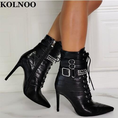 Kolnoo 2022 New Style Womens High Heels Boots Rivets Spikes Elegant Cross-Strips Ankle Martin Boots Real Photos Fashion Shoes