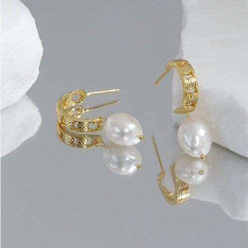 Solid 925 Sterling Silver Dangle Earrings for Women Temperament Wild Golden Irregular Freshwater Pearl Chain Texture