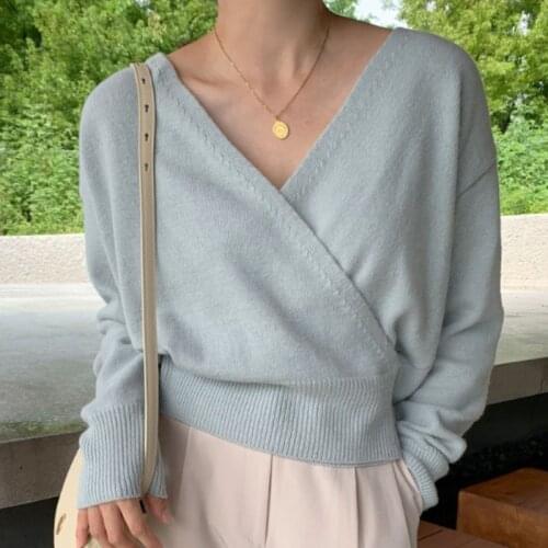 Korean Chic Early Autumn Gentle Wind Temperament Cross V-Neck Design Loose Long-Sleeved Thin Knit Sweater Women
