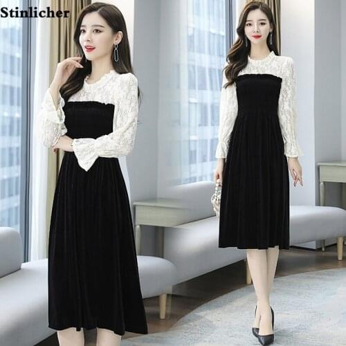 Autumn winter long flared sleeves stand collar ruffled velvet dress women casual elastic lace pleated party dress ladies robe