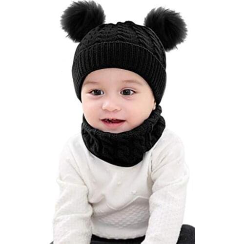 Baby Knitted Hats Toddler Winter Double Pompom Braid Knit Bomber Hat Beanie Warm Cute Neck Scarf Set For Kids Child Girls Boys