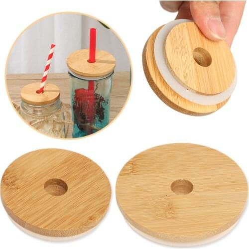 1Pc 70/86mm Bamboo Lids Reusable Silicone Seal Covers for Wide Mouth Mason Jars Drinking Cans Eco Friendly Lids with Straw Hole