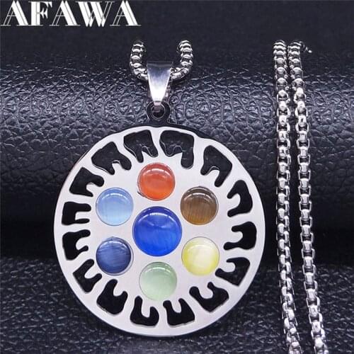 2021 Fashion 7 color Chakras Yoga Sun Stainless Steel Chain Necklace Women Silver Color Necklaces Jewelry colier femme N4229S01