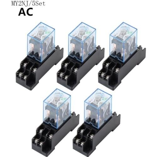 5Set Relay MY2NJ AC 12V 24V 36V 48V 110V 220V 380V Small relay 5A 8PIN Coil DPDT With Socket Base