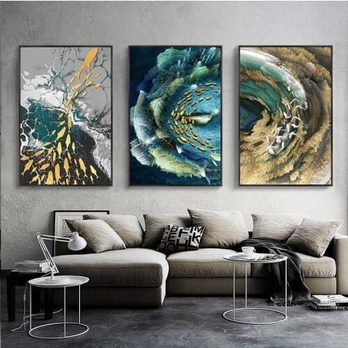 Abstract Canvas Goldfish Rock Landscape Poster Wall Painting Blue Green Wall Art Picture Living Room Fashion Tableaux Decoration