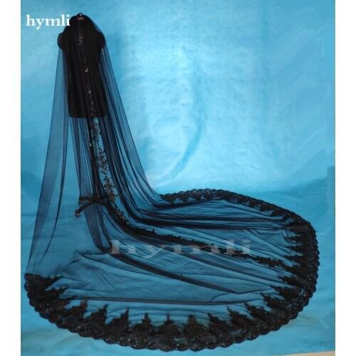 Black Long Veil 3.5 Meters Sequins Lace Wedding Veil Tulle Cathedral Veil Bridal Accessories Veils