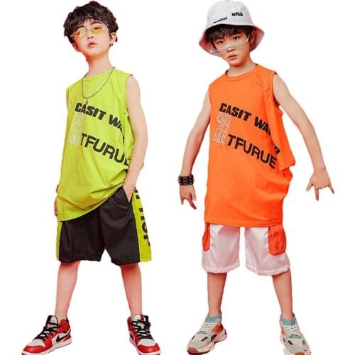 Lolanta Boys Green Orange Sleeveless Irregular T-shirt Top Or Black White Shorts Costume Kids Hip Hop Dance Clothing