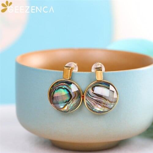 GEEZENCA S925 Silver Gold Plated Natural Abalone Shell Stud Earrings Fine Jewelry Women Round Geometric Trendy Earring 2021 New