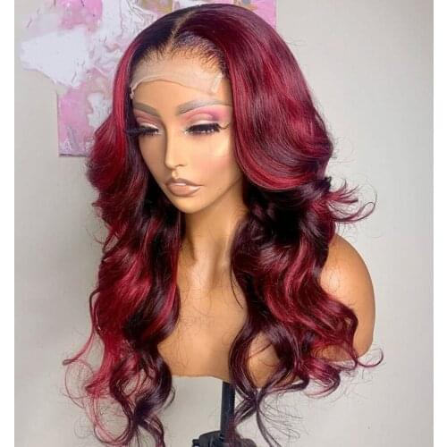 Highlight Dark 99j Red Burgundy 13x4 Lace Front Body Wave Human Hair Wigs Preplucked Ombre Lace Closure Wig Bleached Knots