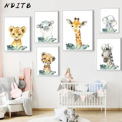 Kawaii Baby Animal Print Leaf Lion Hippo Zebra Nursery Canvas Poster Child Art Painting Wall Picture Nodic Kid Bedroom Decor