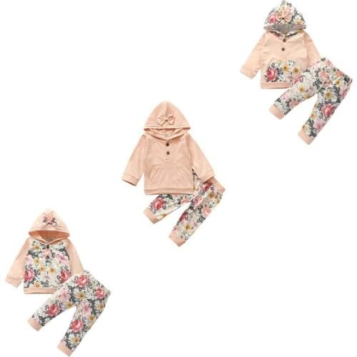 Baby Girls Spring Fall 2Pcs Clothes Set, Apricot Floral Printed Pattern Hooded Pullover Tops and Elastic Waist Pants, 0-24Months
