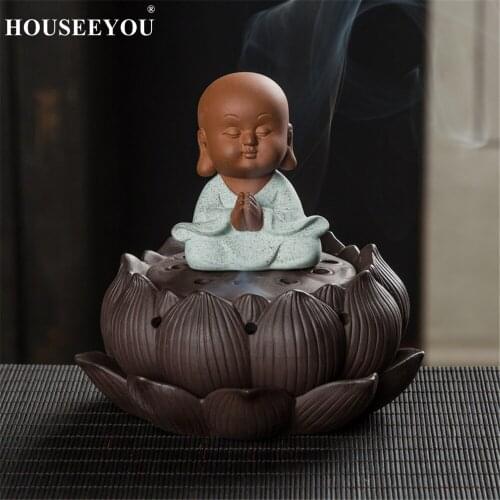 Creative Little Monk Sitting on Lotus Base Coil Incense Burner Zen Incenso Censer for Buddhist Home Office Tea House Decoration