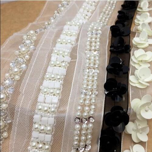 5y Pearl Beaded Lace Fabric Clothing Accessories Collar Flower DIY Handmade Beading Mesh Lace Trim Sewing Wedding Dress Material