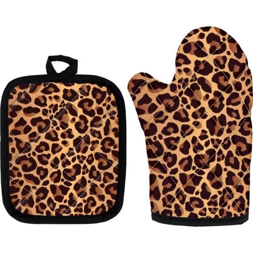 Kitchen Gloves Insulation Leopard Pattern Pad Cooking Microwave Gloves Baking BBQ Oven Pot Holders Oven Mitts Kitchen Gloves
