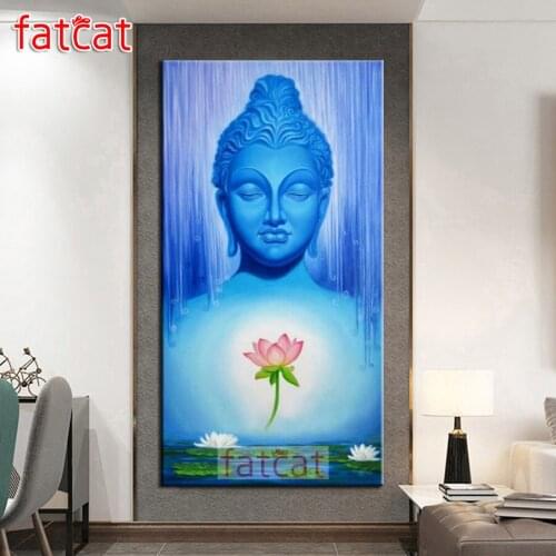 FATCAT Blue buddha icon lotus flowers Large Diy Diamond Painting Full square round drill 5d Diamond Embroidery Kit decor AE2874
