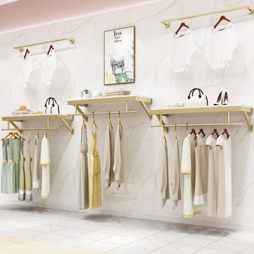Men Women Clothing Store Wall Hanger Wall-Mounted Clothes Display Shelf Childrens Clothing Store Wall Decoration Golden Shelf