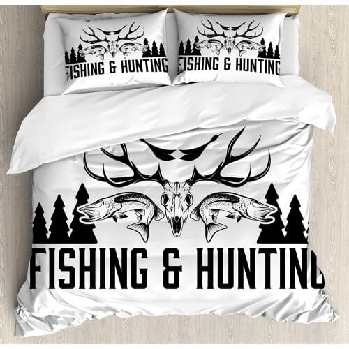Hunting Duvet Cover Set Hunting and Fishing in Vintage Emblem Design Antler Horns Mallard Pine Tree 3 Piece Bedding Set White