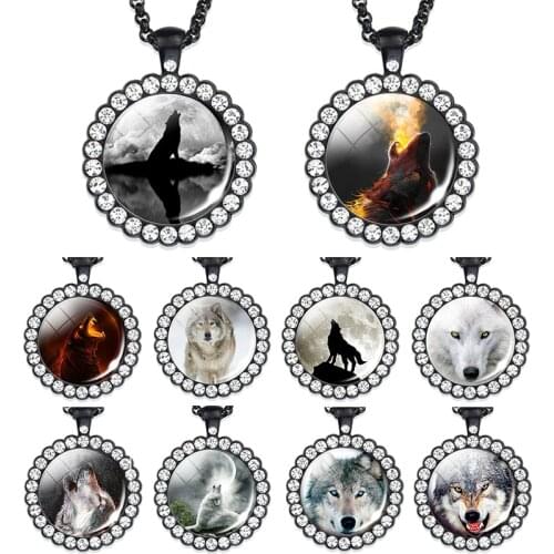 Wolf Jewelry Wolf Head Picture Rhinestone Necklace Howling Wolf Pendant Necklaces Gift for Women Men