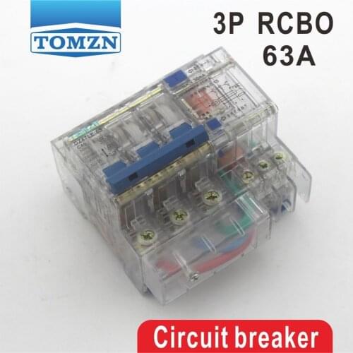 Transparent DZ47LE 3P 63A 400V~ 50HZ/60HZ Residual current Circuit breaker with over current and Leakage protection RCBO