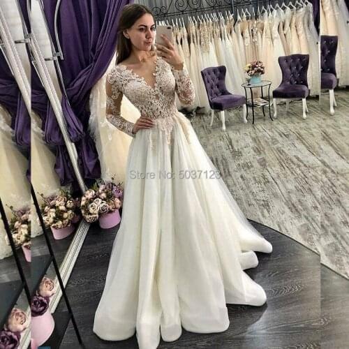 A-Line Wedding Dresses 2019 Long Sleeves Deep V Neck Lace Appliques Tulle Illusion Bridal Gowns Vestido De Noiva Plus Size