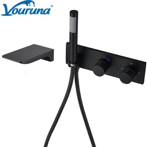 VOURUNA Thermostatic Waterfall Bathtub Faucet Wall Mounted Tub Filler Shower Mixer Tap with rough-in-valve