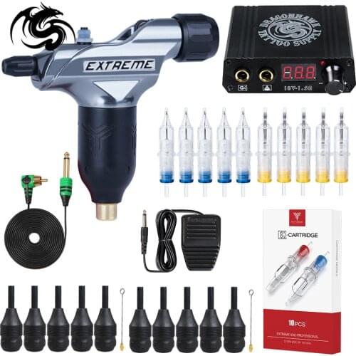 Adjustable Soft and Hard Tattoo Rotary Machine RCA Cord Tattoo Guns with LCD Power Supply Makeup Cartridges Needles Tattoo Kit