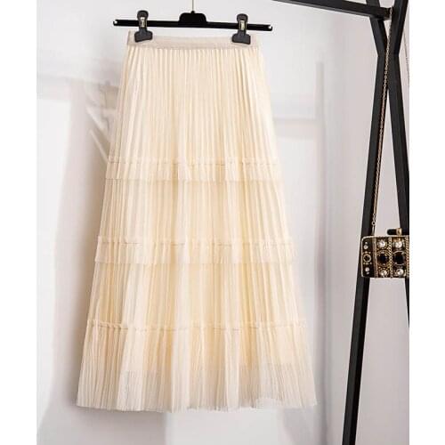 150Kg Plus size womens a-line high waist pleated skirt 5XL 6XL 7XL 8XL 9XL 10XL loose temperament mesh skirt black apricot