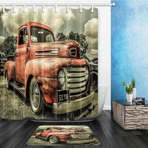 Classic Truck Shower Curtains Set Retro Shabby Car Farm Scenery Bathroom Decor Home Bathtub Hang Curtain and Flannel Mat Carpet