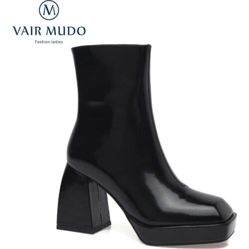 VAIR MUDO HIgh Heels Ankle Boots Shoes Women Thick Bottom Patent Leather Concise Solid Square Toe Black White Boot LadyWM-X126-C
