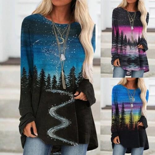 Womens Fashion Tops & T-Shirts Round Neck Long Sleeve Sweatershirt Casual Blouse Mountain Forest Print Shirts Pullover