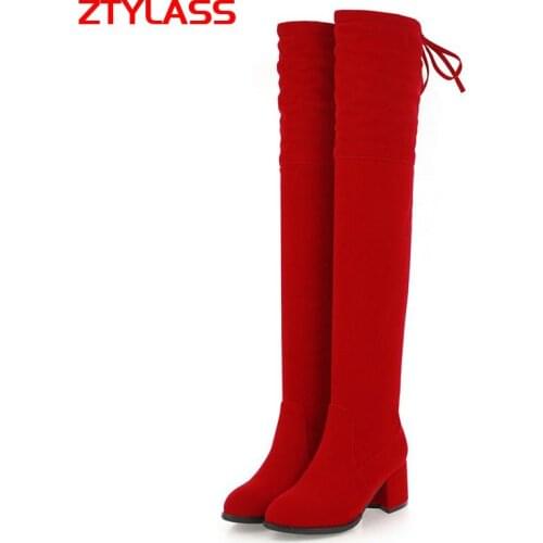 2021 Women Boots Flock Leather Square Low Heel Knee High Boots Slip On Autumn Winter Plush Long Boots Big Size 43 Red Black