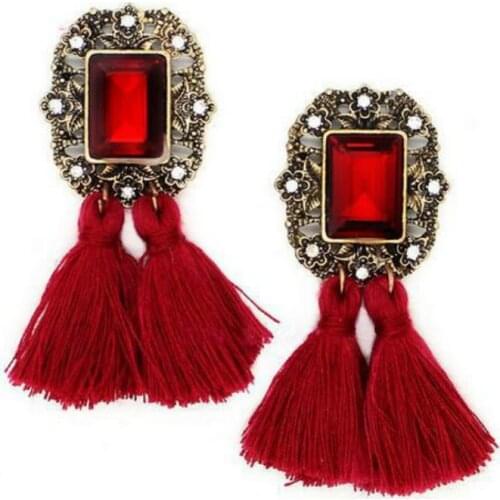 No Pierced Bohemian Ethnic Long Handmade Statements Tassel Clip On Earrings For female Vintage Square Popular Fringed Clip Ear