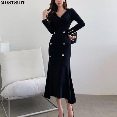 Black Notched Collar Knitted Long Dress Women Full Sleeve Buttons Slim Solid Dresses Elegant Party Fashion Female Vestidos 2022