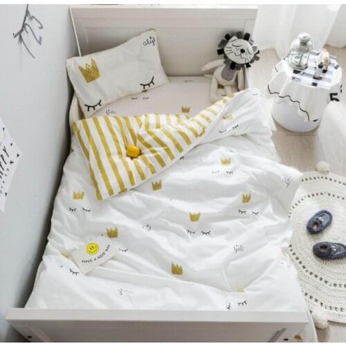 100% Cotton 3Pcs Crib Bed Linen Kit Cartoon crown Baby Bedding Set Includes Pillowcase Bed Sheet Duvet Cover Without Filler