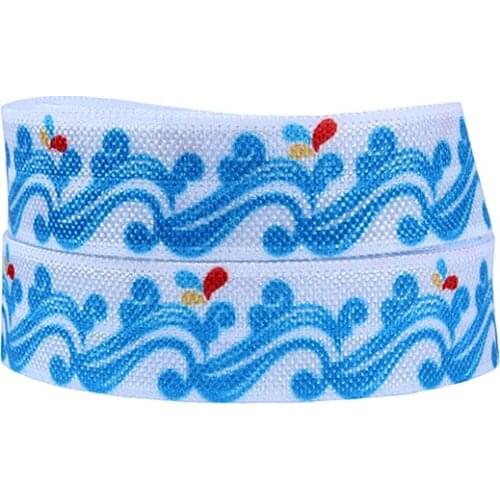 50yards/lot) Free shipping blue wave printed summer ocean theme elastic ribbon