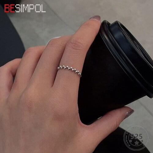 Besimpol 100% Real 925 Sterling Silver Round Bead Rings Elegant Minimalist Simple Ring For Women Fine Jewelry Anniversary Gift