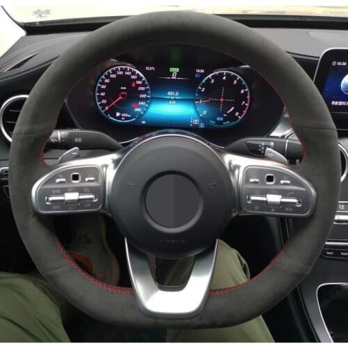 Black Genuine Leather Suede Car Steering Wheel Cover For Mercedes-Benz A-Class W177 2018-2019 B Class C Class CLS 2018-2020