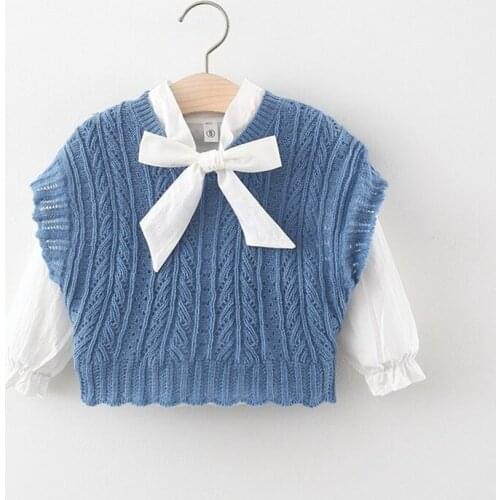 Sweet Outfits Girls Kids Clothes Set Long Sleeve Shirt Tops+Knitwear Knitted Waistcoat Outwear Autumn 2pcs Suit S12984