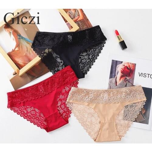 Giczi Elegant Womens Panties Sweet Lace Underwear Silk Satin Briefs Hollow Out Sexy Lingerie Girl Skin-Friendly Underpants Sale