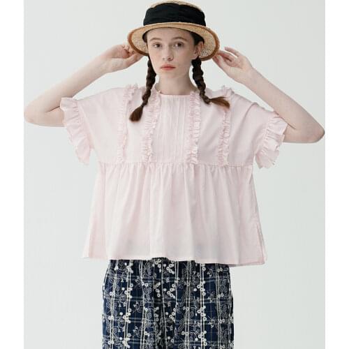 Imakokoni original design sweet pink baby shirt loose ruffled sleeve female summer shirt 213352