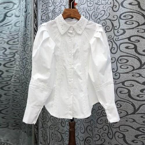 Lace Hollow Out Women White Shirts Summer New Design 2021 Puff Sleeved Slim Elegant Office Lady Outwear Coats Tops