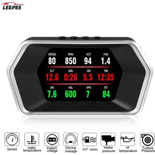 RPM KM/H MPH OBD2+GPS Dual Mode Multifunction Water Temperature Overspeed Voltage Security Alarm Car HUD Head Up Display