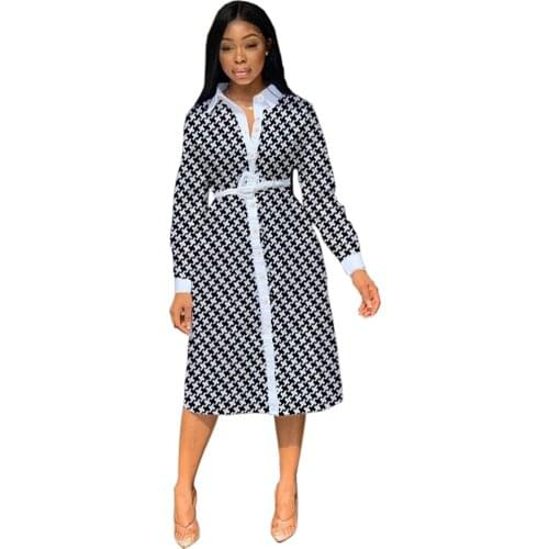 Houndstooth Shirt Dress Women 2020 Autumn Winter Casual Slim Office Long Party Dress Elegant Chic A Line Dress With Belt