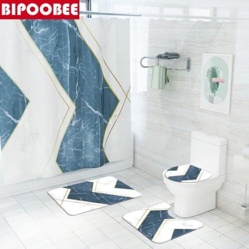 Modern Shower Curtains Marble Geometric Pattern Polyester Decorative Bathroom Curtain Toilet Lid Cover Non-slip Rugs Bath Mat