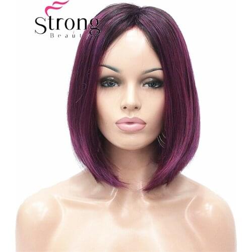 StrongBeauty Angled Bob Wig Ombre Deep Purple Dark Root Midnight Berry Synthetic Fiber Short Wigs