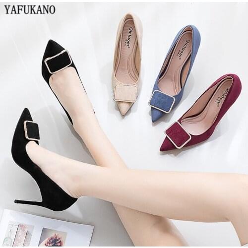 Brand Design Faux Flock Pointed Toe Thin Heel Pumps Elegant Rhinestone Buckle Party Wedding High Heels Wine Red Nude Size 33 34