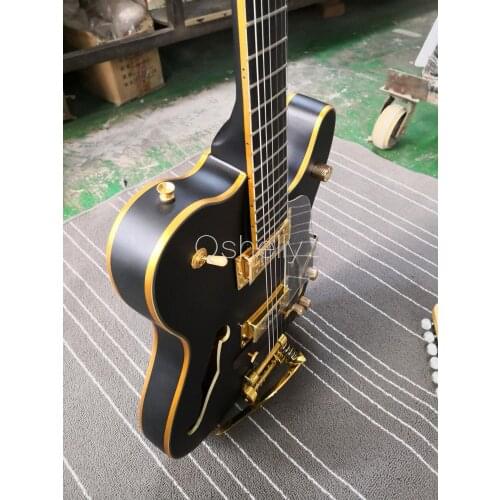 Top Quality QShelly Custom Black TL F Holes Ash Hollow Body Gold Binding Wood Bridge Electric Guitar Musical Instruments Shop