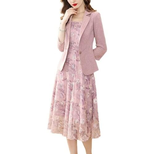 2021 New Spring Autumn Two Piece Sets Women Dress+Suits Casual Loose Elegant Long Sleeve Printing Dresses Suit Coat