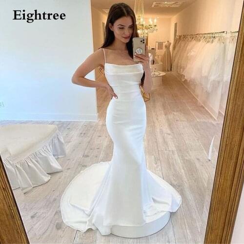 Eightree Simple Mermaid Spaghetti Strps Bridal Gowns Satin Sweetheart Beach Wedding Dresss Simple Princess Party Dresses
